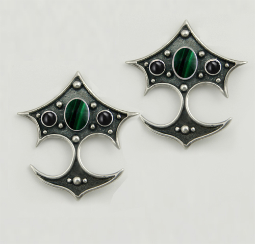 Sterling Silver Gothic Drop Dangle Earrings With Malachite And Black Onyx